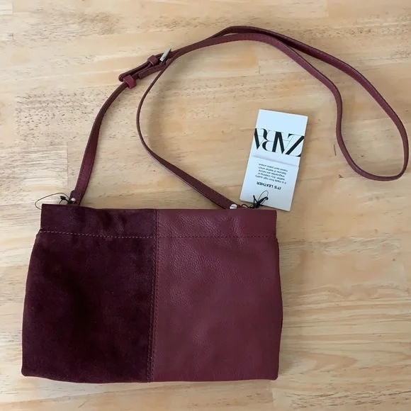 Zara Bags Last Nwt Zara Burgundy Mixed Leather Crossbody Bag